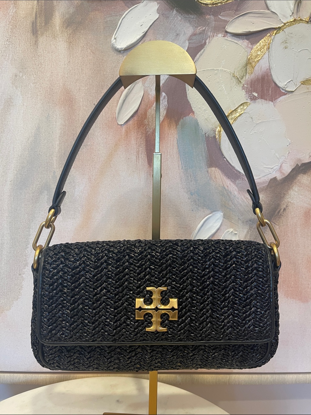Nwot Tory Burch Small Kira Chevron Lacquered Raffia Shoulder Bag